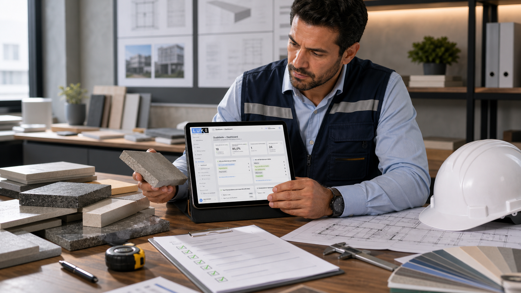 Controle de qualidade PBQP-H com tablet e amostras de materiais